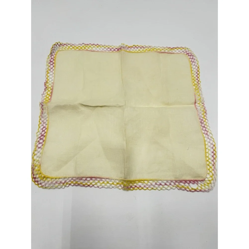 Vintage Linen Handkerchief Set 2 Tatting Lace Trim Pink Yellow Wedding Hankies